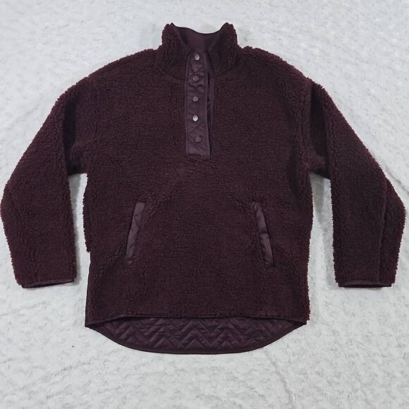Athleta Cozy Sherpa Snap Sweatshirt Maroon Red Spiced Cabernet Womens Medium - Picture 1 of 8